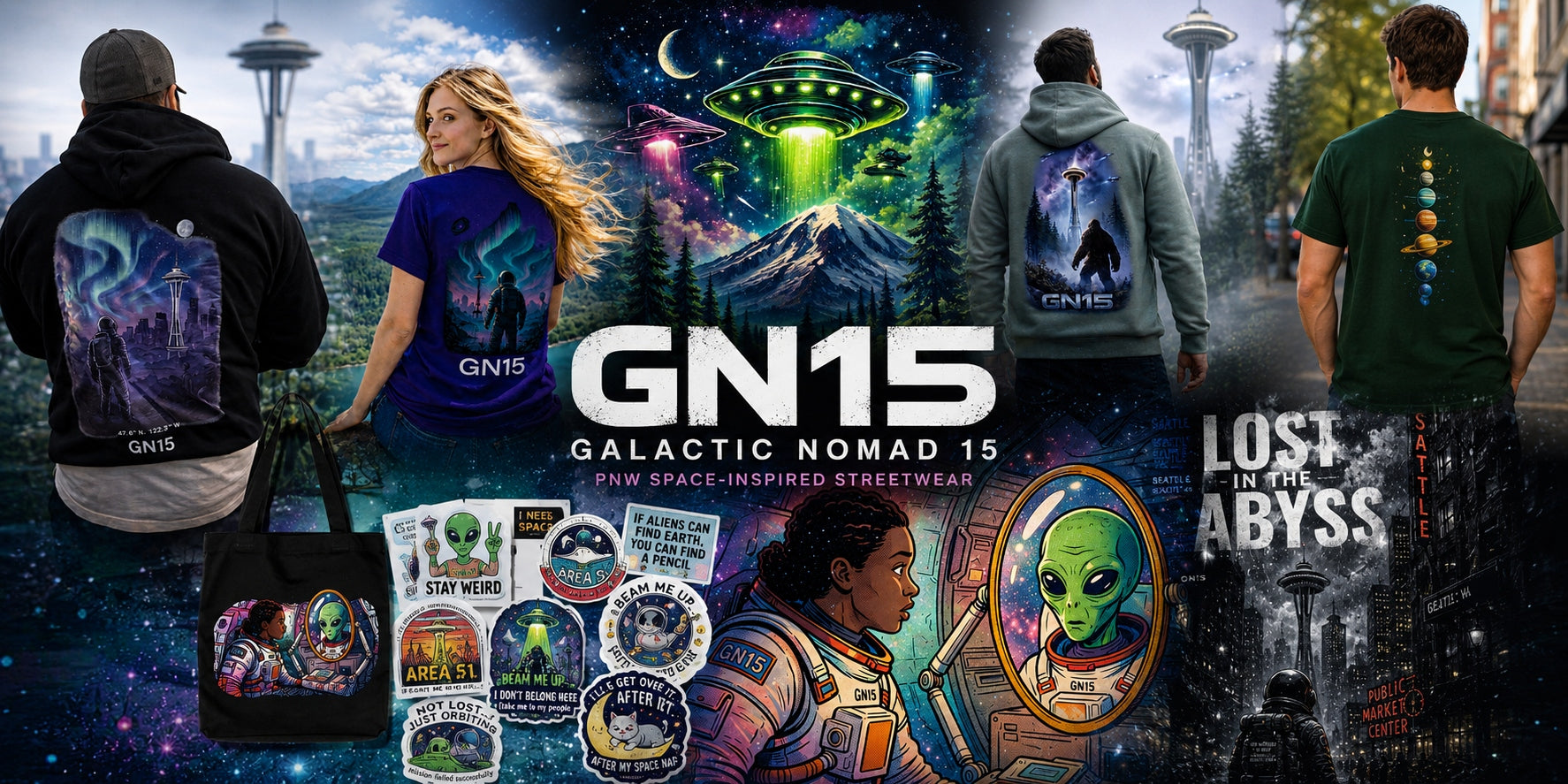GN15 The Armor — Seattle space-inspired streetwear collection featuring hoodies, tees, totes and stickers