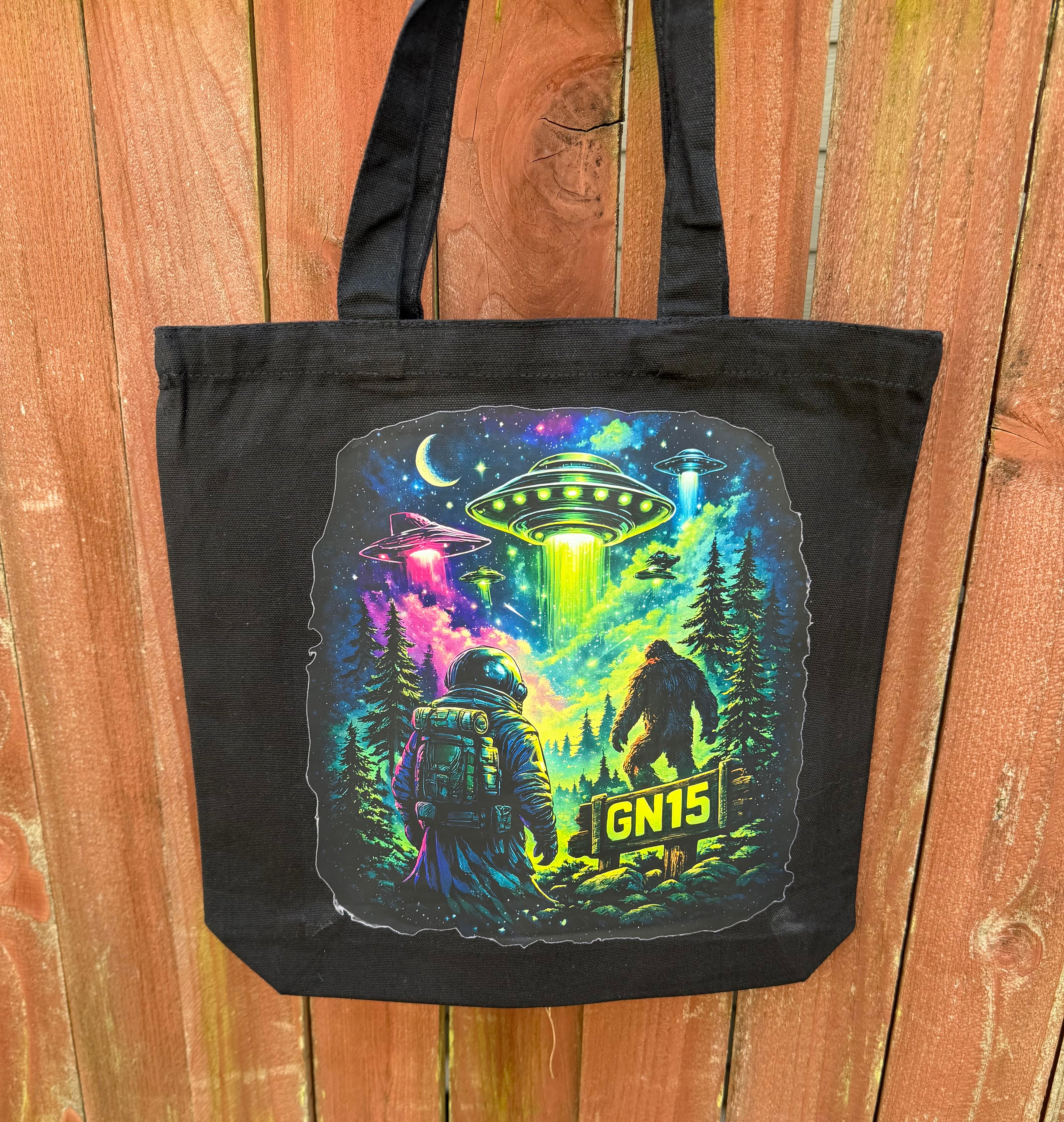 Watchers of the Evergreen Tote Bag – GN15 Cosmic PNW Alien Canvas Tote