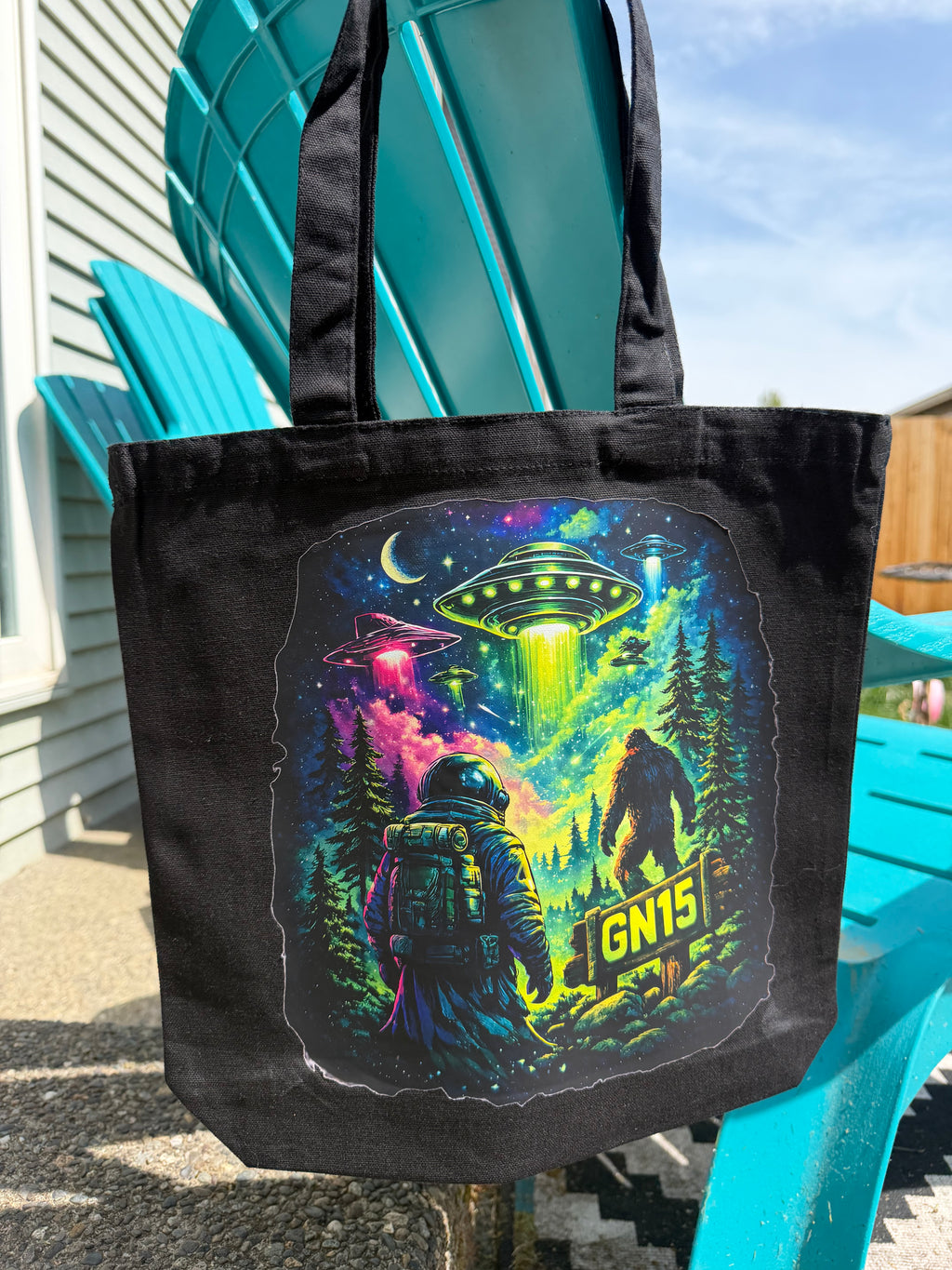 Watchers of the Evergreen Tote Bag – GN15 Cosmic PNW Alien Canvas Tote