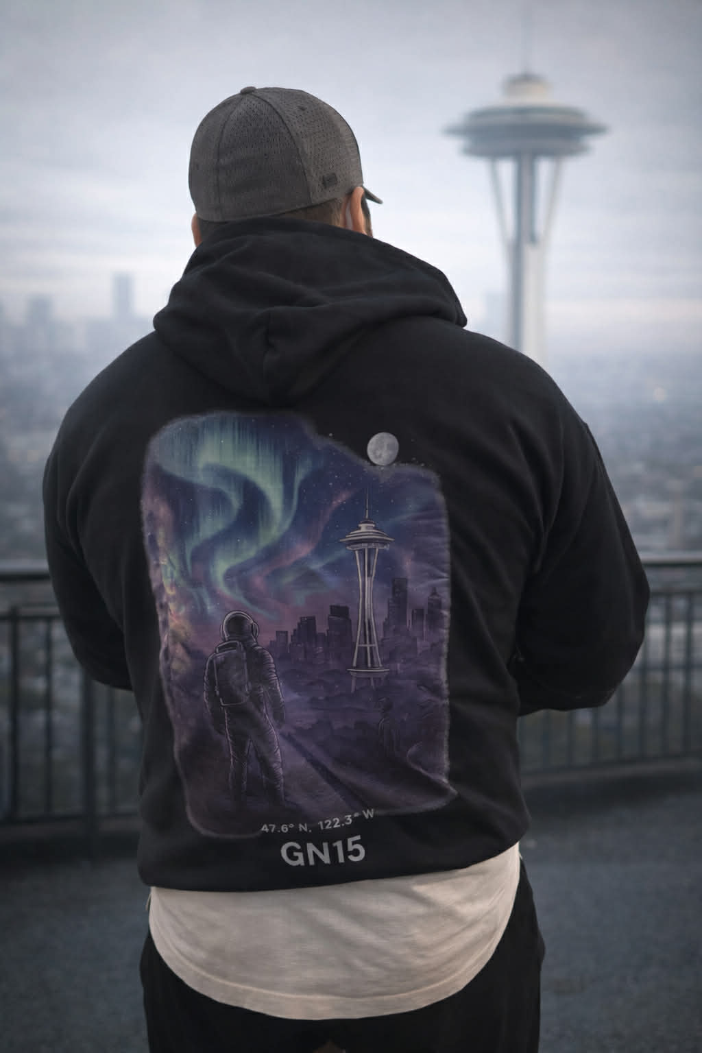 GN15 Emerald City Borealis Hoodie featuring Seattle-inspired cosmic artwork and Pacific Northwest streetwear design