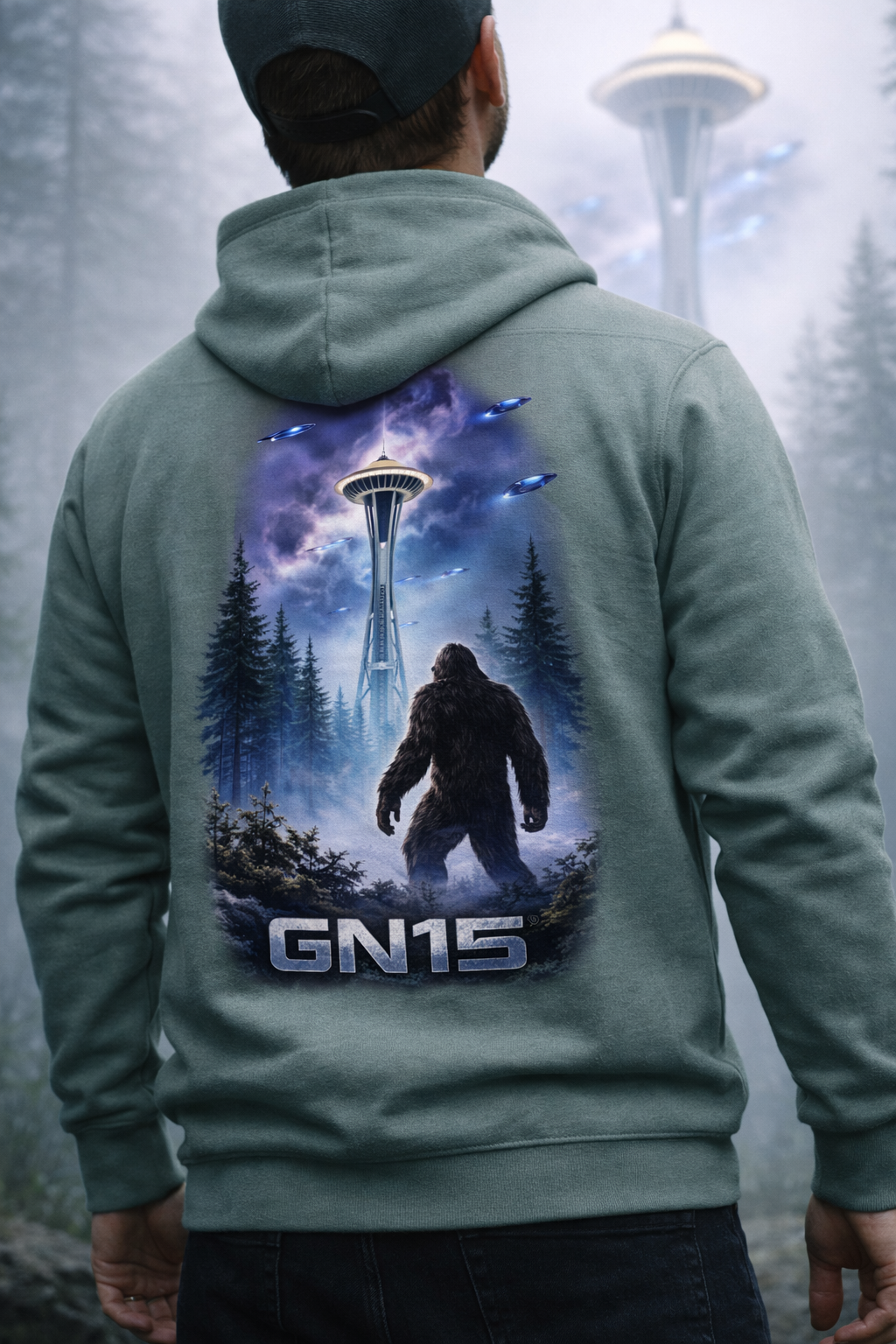 GN15 Emerald Encounter green hoodie featuring cosmic Bigfoot artwork with Seattle Space Needle and Pacific Northwest inspired design
