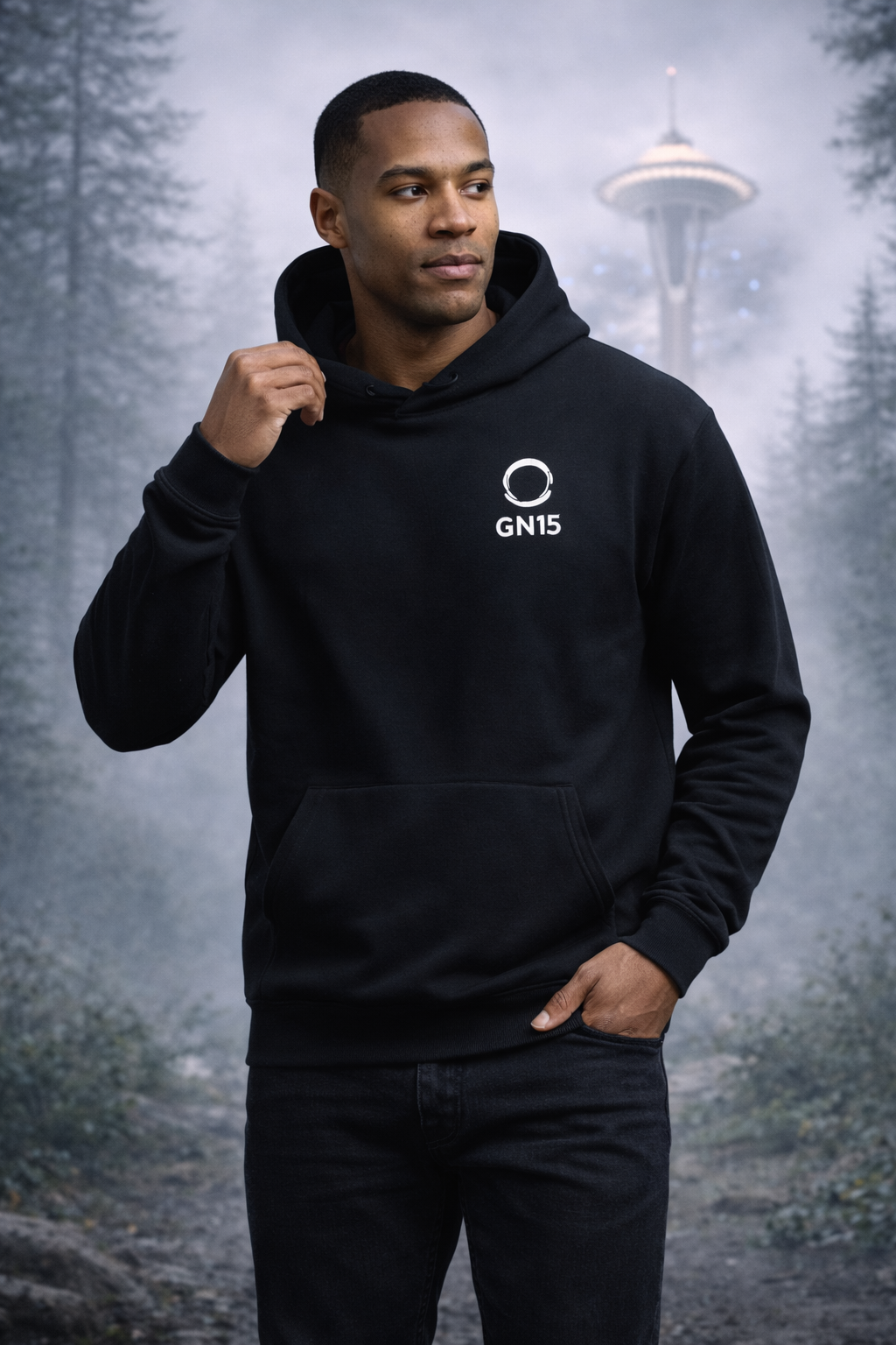     Front view of GN15 Emerald Encounter Hoodie featuring cosmic Bigfoot and Seattle artwork
