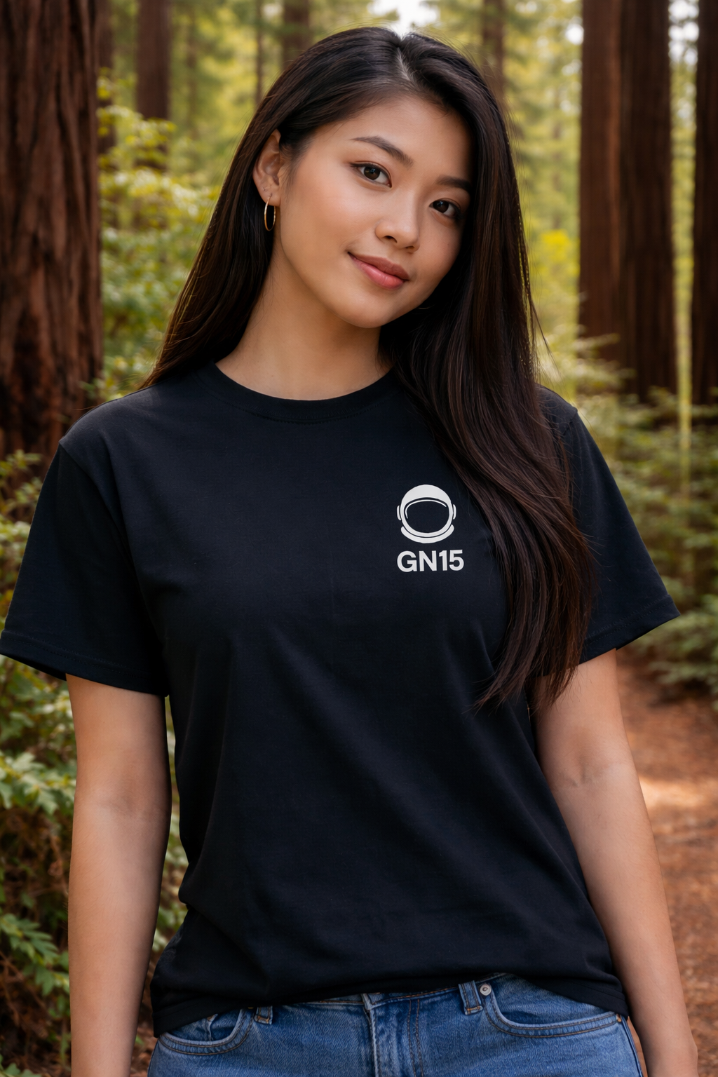 Front view of GN15 Watchers of the Evergreen t-shirt featuring cosmic alien artwork