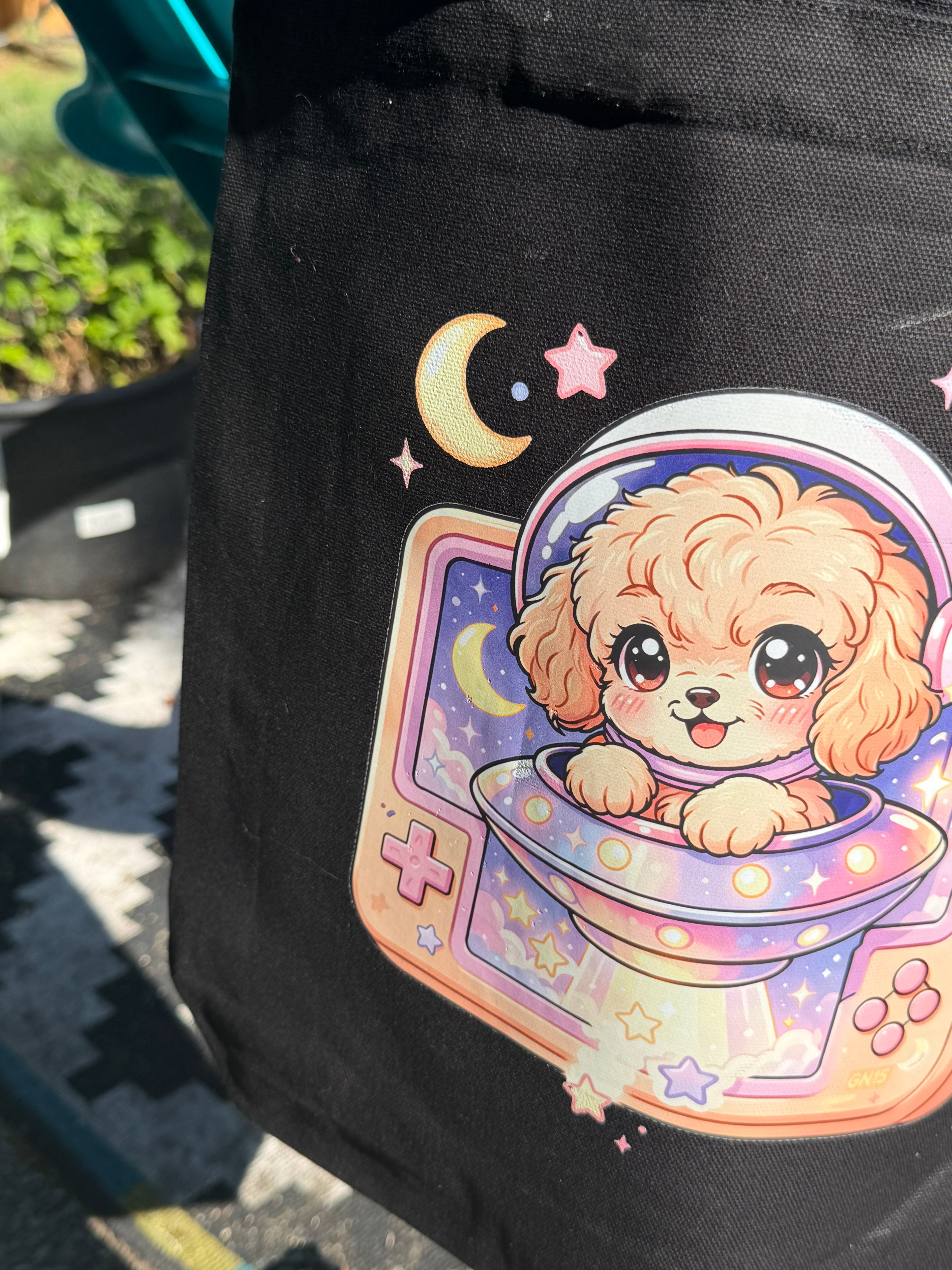 GN15 Galactic Nomad 15 Orbit Pup tote bag with astronaut dog graphic and celestial design