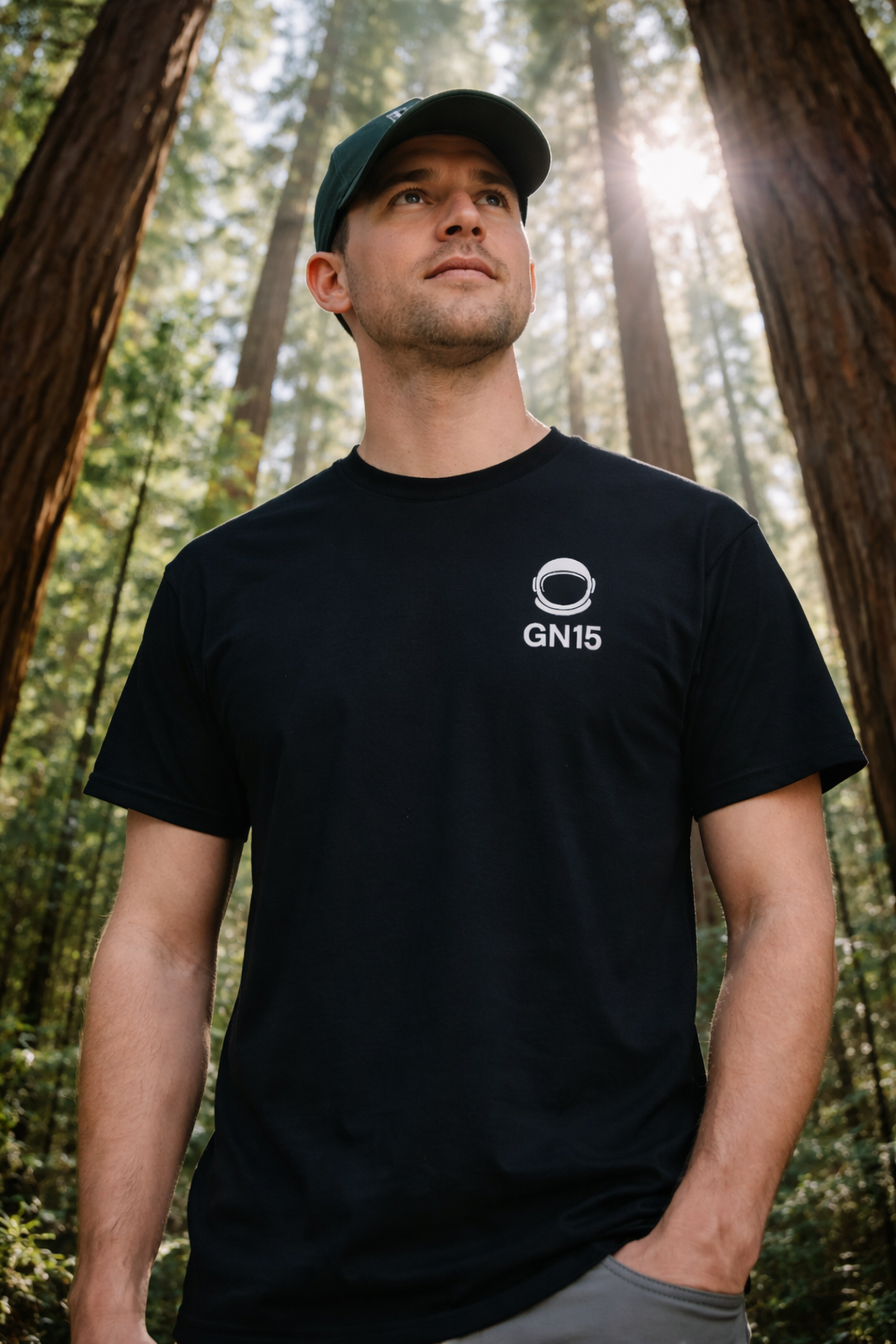 Front view of GN15 The Unsilenced Nomad T-Shirt featuring inspirational cosmic artwork